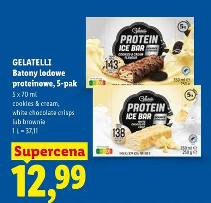 Batony lodowe proteinowe, 5-pak cookies & cream, white chocolate crisps lub brownie promocja w Lidl