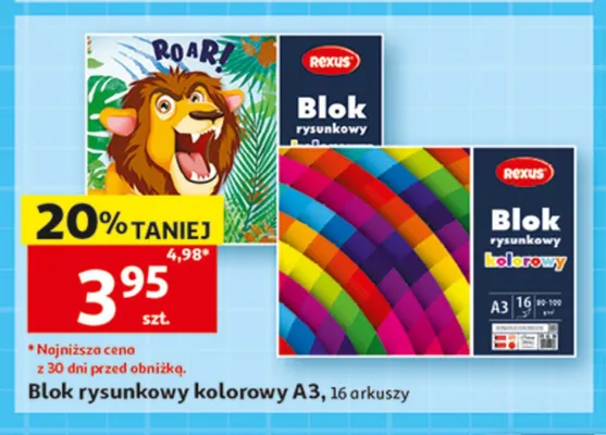 Blok rysunkowy kolorowy A3 16 arkuszy Rexus promocja w Auchan