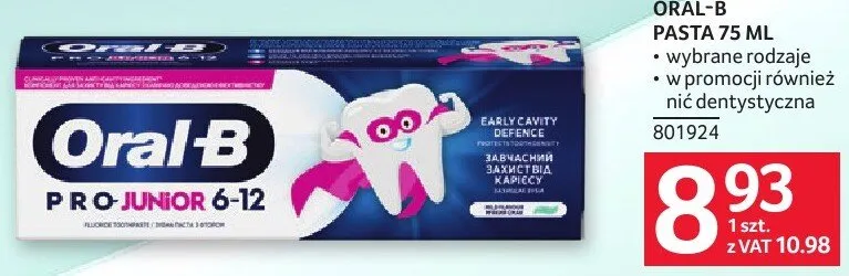 Pasta do zębów Oral-B Pro Junior 75 ml promocja w Selgros