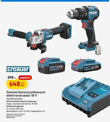 Zestaw bezszczotkowych elektronarzędzi 18V Erbauer promocja w Castorama