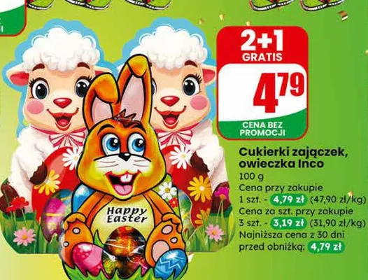 Cukierki zajączek, owieczka Inco promocja w Dino