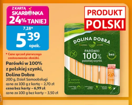 Parówki w 100% z polskiej szynki Dolina Dobra promocja w Auchan