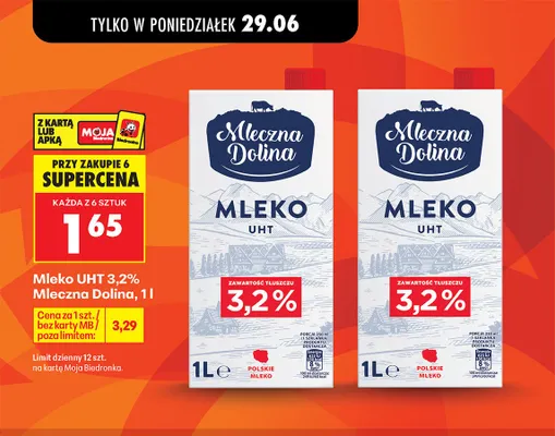 Mleko UHT 3,2% Mleczna Dolina promocja w Biedronka