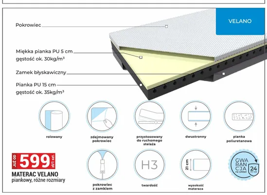 Materac piankowy Velano H3 promocja w Merkury Market