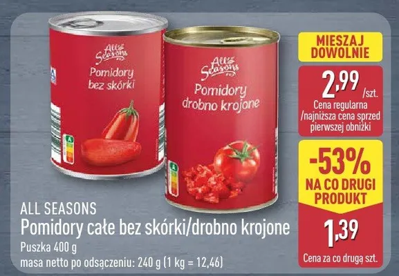 Pomidory całe bez skórki/drobno krojone promocja w Aldi
