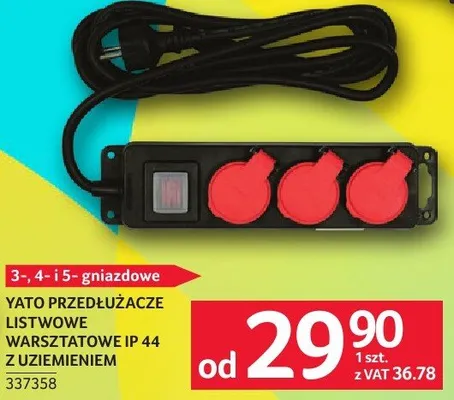 Przedłużacze listwa Yato warstowe IP 44 z uziemieniem 3-, 4-,15- gniazdowe promocja w Selgros