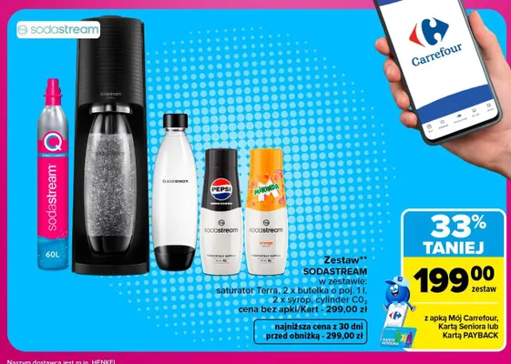 Zestaw saturator Terra + 2 x butelka o poj. 1 l + 2 x syrop + cylinder CO2 Sodastream promocja w Carrefour
