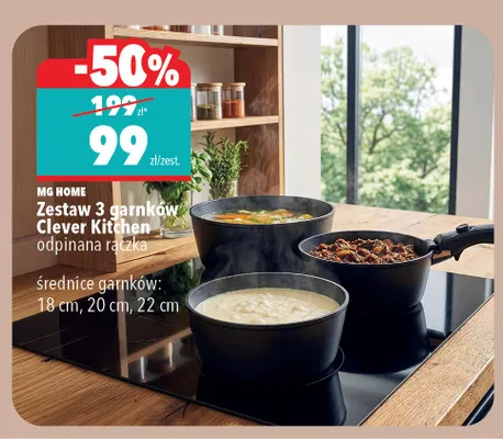 Zestaw 3 garnków Clever Kitchen odpinana rączka średnice garnków: 18cm, 20cm, 22cm promocja w Biedronka Home