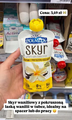 Jogurt typu islandzkiego Skyr Polmlek waniliowy z pokruszoną laską wanilii promocja w Dino