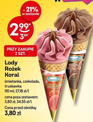 Lody Rożek Koral śmietanka, czekolada, truskawka promocja w Żabka