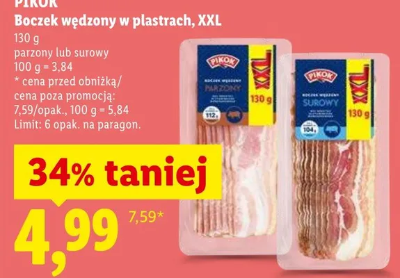 Boczek wędzony w plastrach XXL surowy Pikok promocja w Lidl
