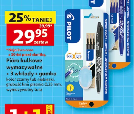 Zestaw pióro kulkowe wymazywalne Pilot Frixion + 3 wkłady + gumka promocja w Auchan