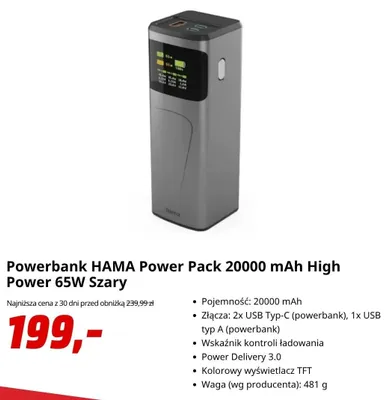 Powerbank HAMA Power Pack 20000mAh Szary promocja w Media Markt