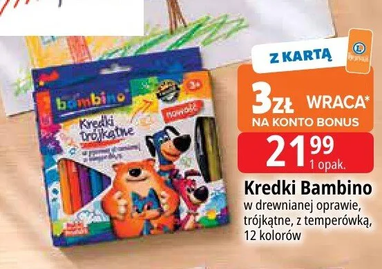 Kredki Bambino w drewnianej oprawie trójkątne z temperówką 12 kolorów promocja w Leclerc