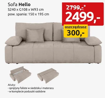 Sofa Hello S240xG108xW93cm pow. spania 150x195cm promocja w Black Red White