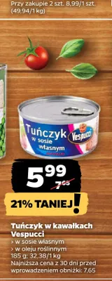 Tuńczyk w kawałkach w oleju roślinnym Vespucci promocja w Netto