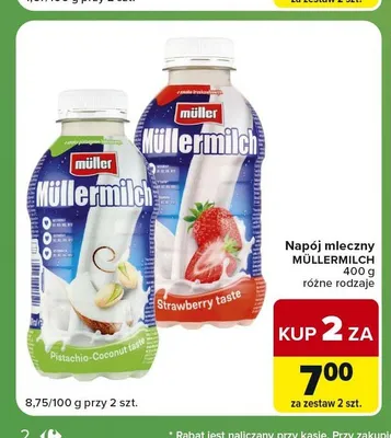 Napój mleczny o smaku truskawkowym Müllermilch promocja w Carrefour Express
