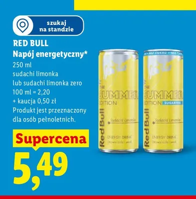 Napój energetyczny Red Bull sudachi limonka zero promocja w Lidl
