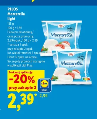 Ser Mozzarella light Pilos promocja w Lidl