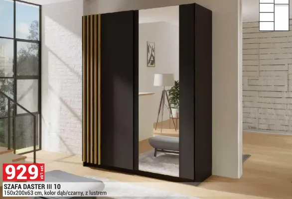 Szafa Daster III 10 150x200x63cm, kolor dąb/czarny, z lustrem promocja w Merkury Market