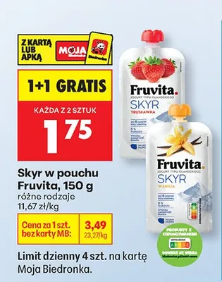Jogurt Skyr w pouchu Fruvita różne rodzaje promocja w Biedronka