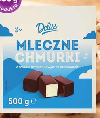 Pianki Deliss Mleczne Chmurki o smaku śmietankowym w czekoladzie promocja w Dino