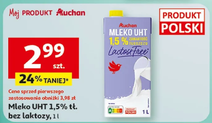 Mleko UHT 1,5% tł. bez laktozy promocja w Auchan