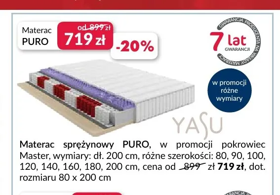 Materac sprężynowy Puro 80x200 cm Yasu promocja w Salony Agata