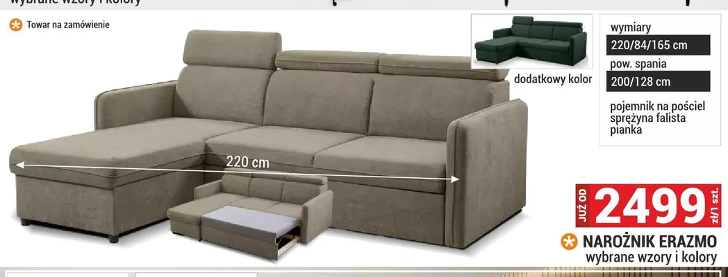 Narożnik Erazmo 220/84/165cm pow. spania 200/128cm pojemnik na pościel sprężyna falista pianka promocja w Merkury Market
