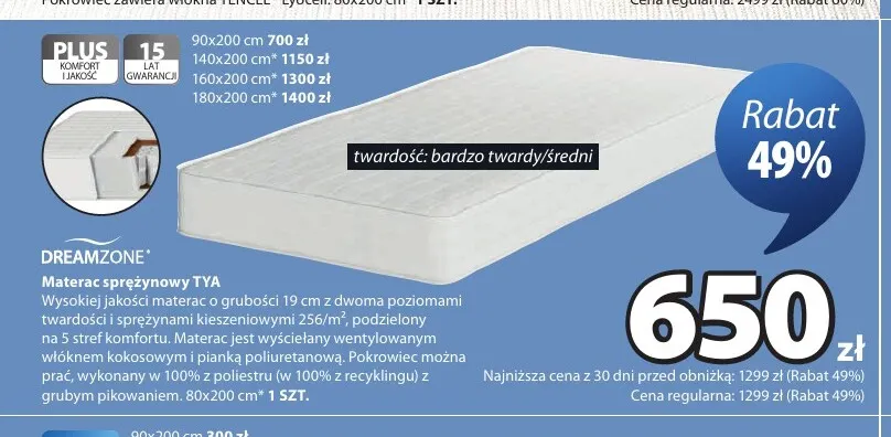 Materac sprężynowy Tya 160x200 cm Dreamzone promocja w Jysk