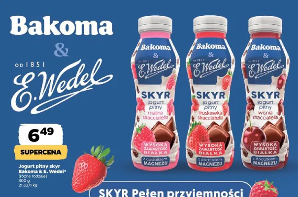 Jogurt pitny skyr truskawka stracciatella Bakoma & E.Wedel promocja w Netto