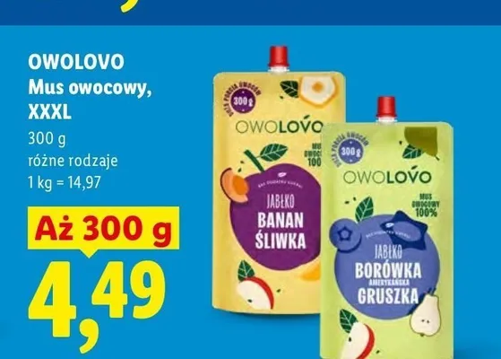 Mus owocowy Owolovo Jabłko Borówka Amerykańska Gruszka promocja w Lidl