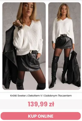 Krótki sweter z dekoltem V i ozdobnym tłoczeniem Reneé promocja w Renee