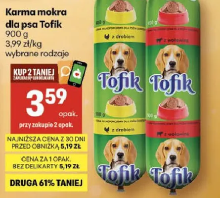 Karma mokra dla psa Tofik promocja w Delikatesy Centrum