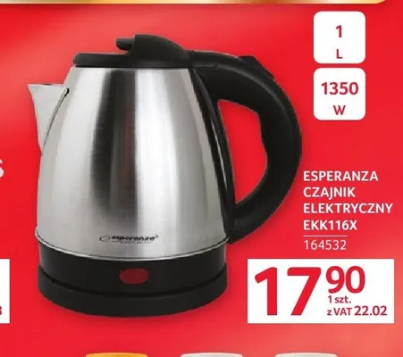 Czajnik elektryczny Esperanza EKK116x1l 1350W promocja w Selgros