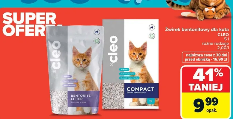 Żwirek bentonitowy dla kota CLEO 5l różne rodzaje 2,00l promocja w Carrefour
