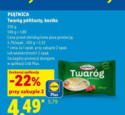 Twaróg półtłusty kostka Piątnica promocja w Lidl