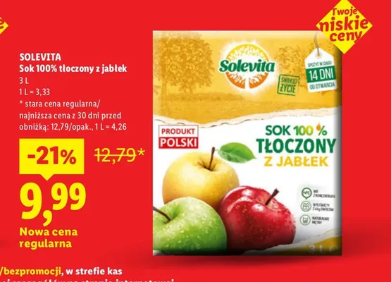 Sok tłoczony z jabłek Solevita 100% promocja w Lidl