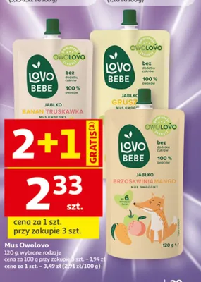 Mus Owolovo Lovo Bebe jabłko brzoskwinia mango promocja w Auchan