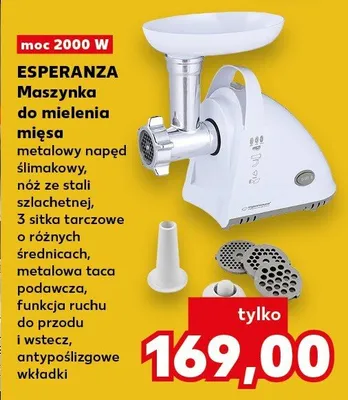 Maszynka do mielenia mięsa Esperanza 2000W metalowy napęd ślimakowy nóż ze stali szlachetnej 3 sitka tarczowe metalowa taca podawcza funkcja ruchu do przodu i wstecz antypoślizgowe wkładki promocja w Kaufland