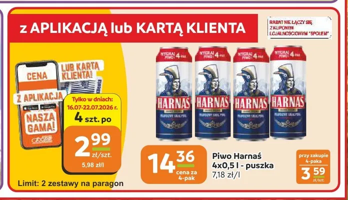 Piwo Harnaś Jasne Pełne 4-pak promocja w Społem Częstochowa