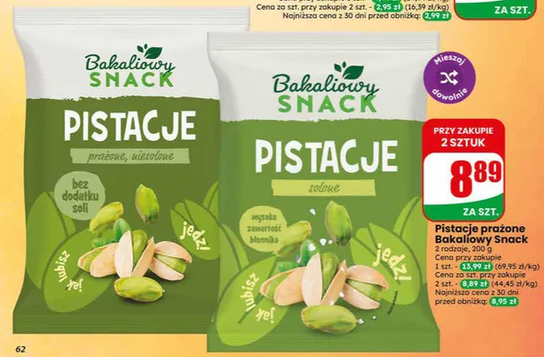 Pistacje prażone niesolone Bakaliowy Snack promocja w Dino