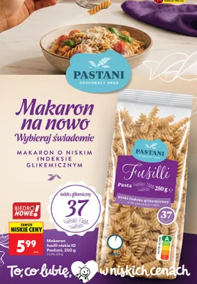 Makaron fusilli niskie IG Pastani promocja w Biedronka