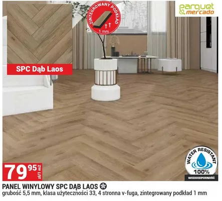Panel winylowy SPC Dąb Laos grubość 5,5mm klasa użyteczności 33 4 stronna v-fuga zintegrowany podkład 1mm Parquet&Mercado promocja w Merkury Market