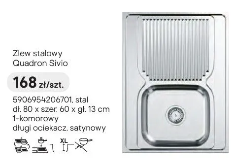 Zlew stalowy Quadron Sivio stal 80x60x13cm 1-komorowy długi ociekacz satynowy promocja w Castorama