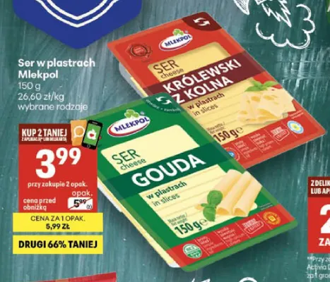 Ser Królewski z Kolna w plastrach Mlekpol promocja w Delikatesy Centrum