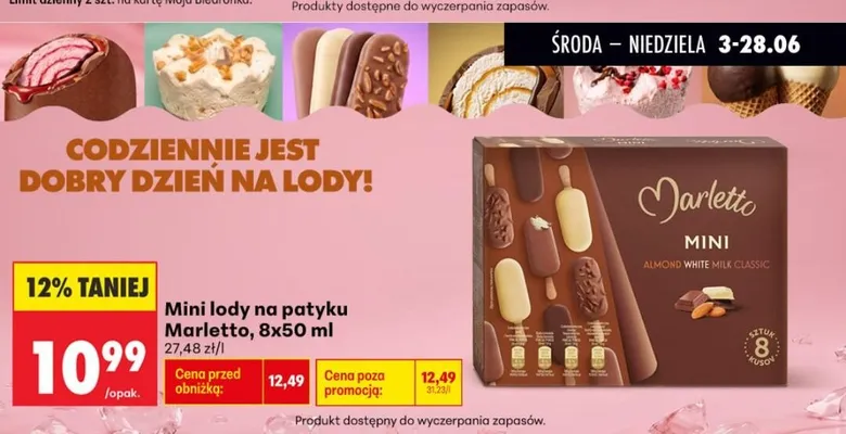 Mini lody na patyku Marletto 8-pak 50 ml promocja w Biedronka