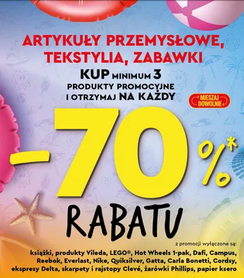 Artykuły przemysłowe, tekstylia i zabawki -70% przy zakupie 3 promocja w Biedronka
