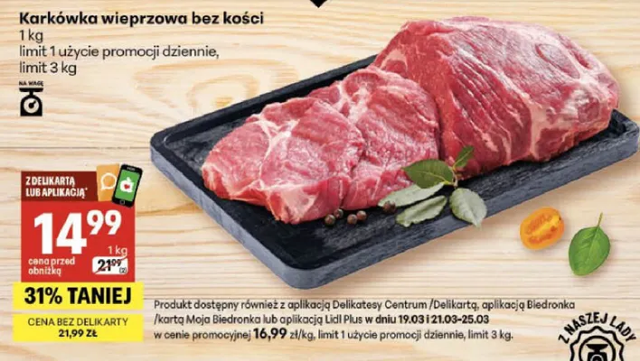 Karkówka wieprzowa bez kości promocja w Delikatesy Centrum