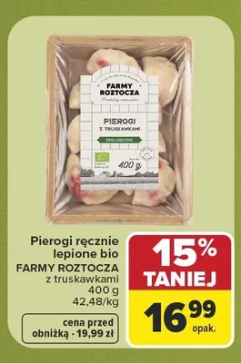 Pierogi ręcznie lepione bio z truskawkami Farmy Roztocza promocja w Carrefour Market